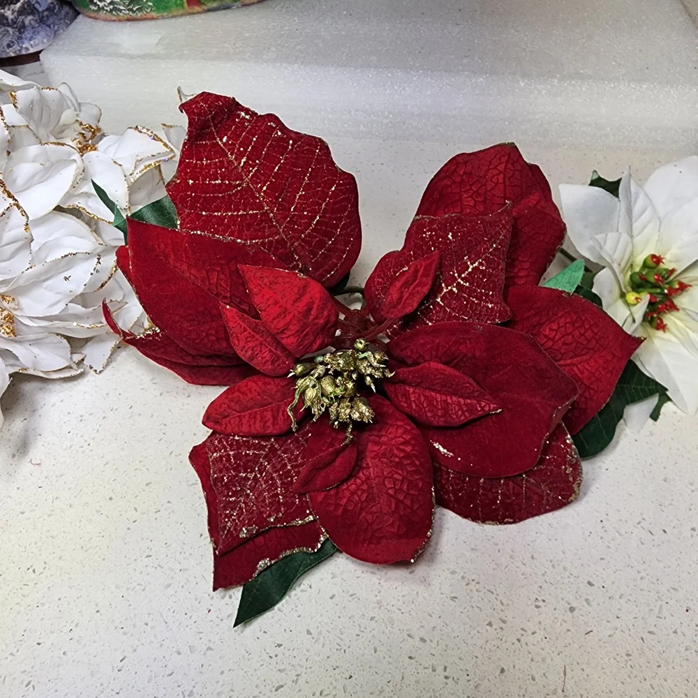 Vintage Lot Of 5 Red, White, and Gold Poinsettia Arrangement With Stems